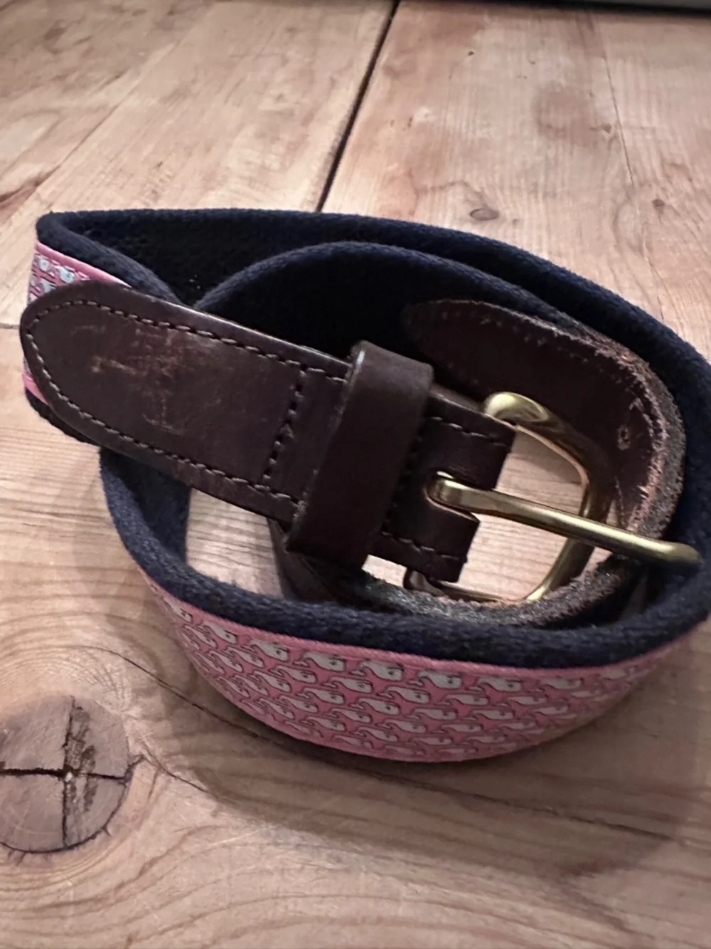 Vineyard Vines Canvas Club Woven Belt Unisex 24 Pink Whale Print Brown Leather